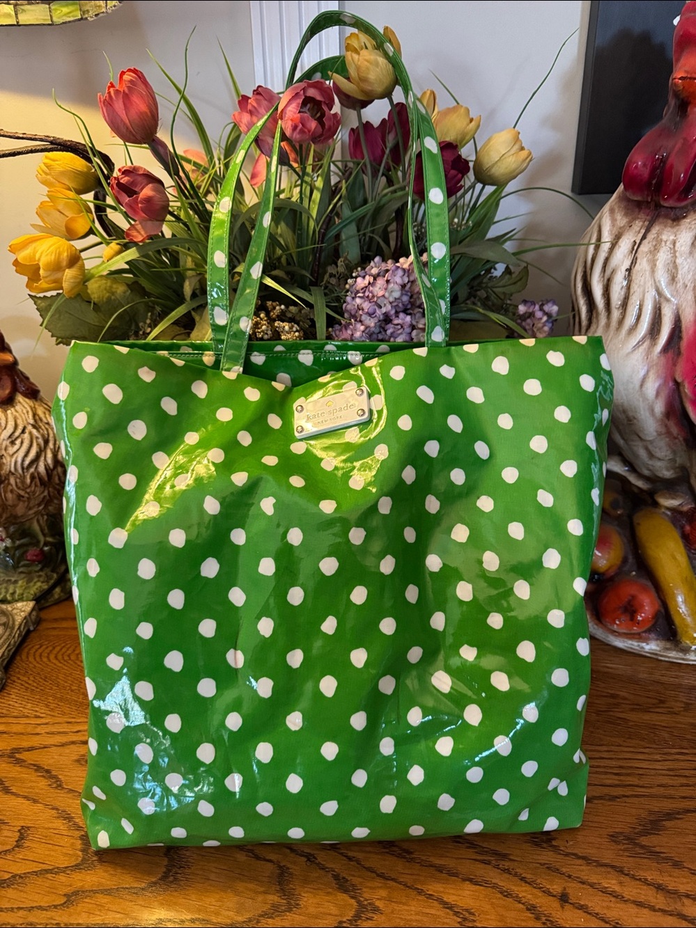 Kate Spade ♠️ Daycation Bon Shopper Green Polka dot coated Canvas Tote - EUC